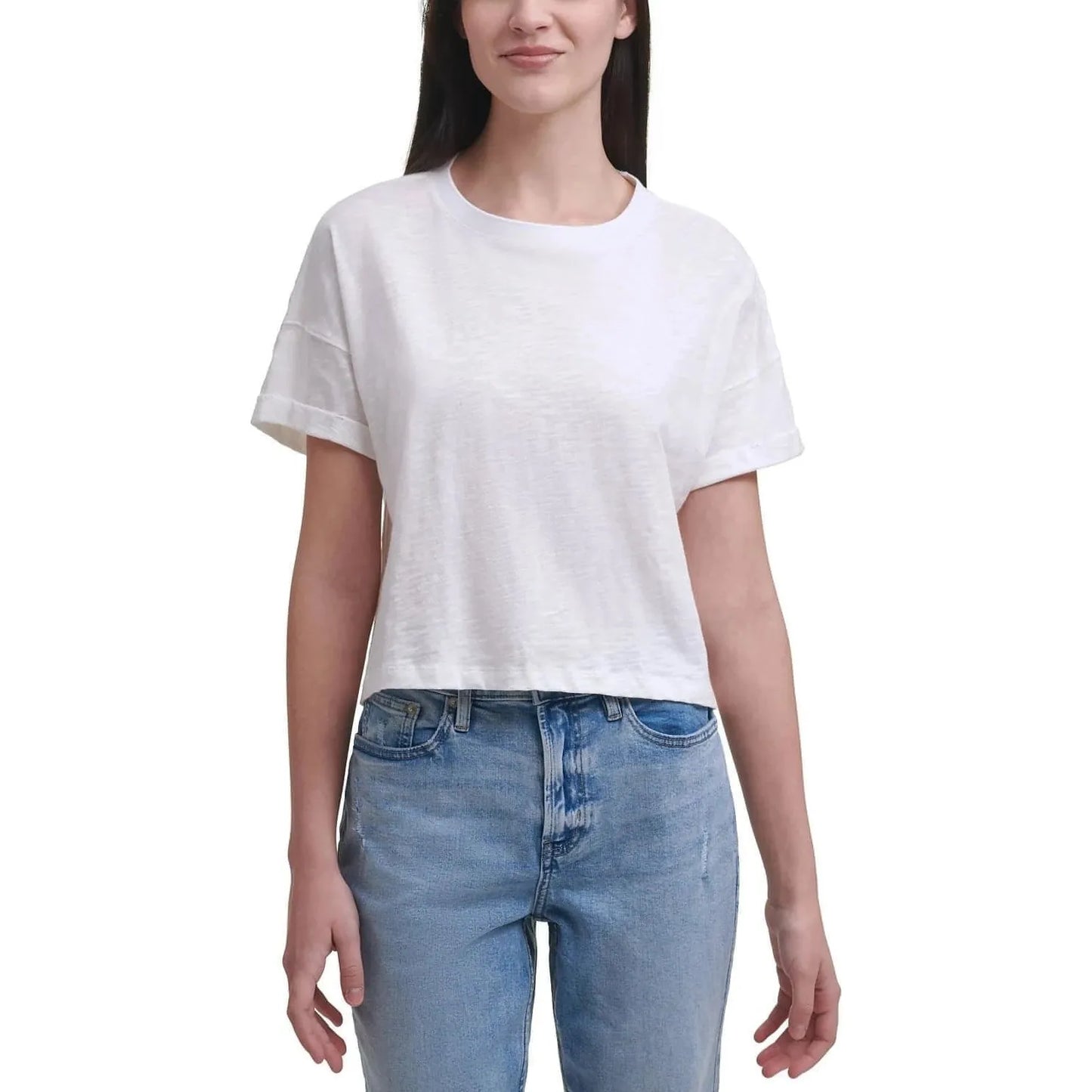 Calvin Klein-Calvin Klein Jeans Cropped Boxy-Fit Cotton T-Shirt, White, Size: L - Brandat Outlet