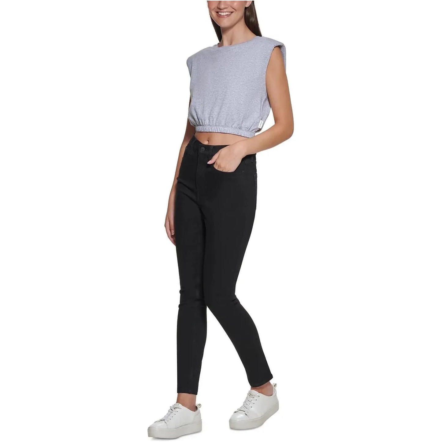 Calvin Klein-Calvin Klein Jeans Cropped Shoulder-Pad Tank Top, Silver, Size: L - Brandat Outlet