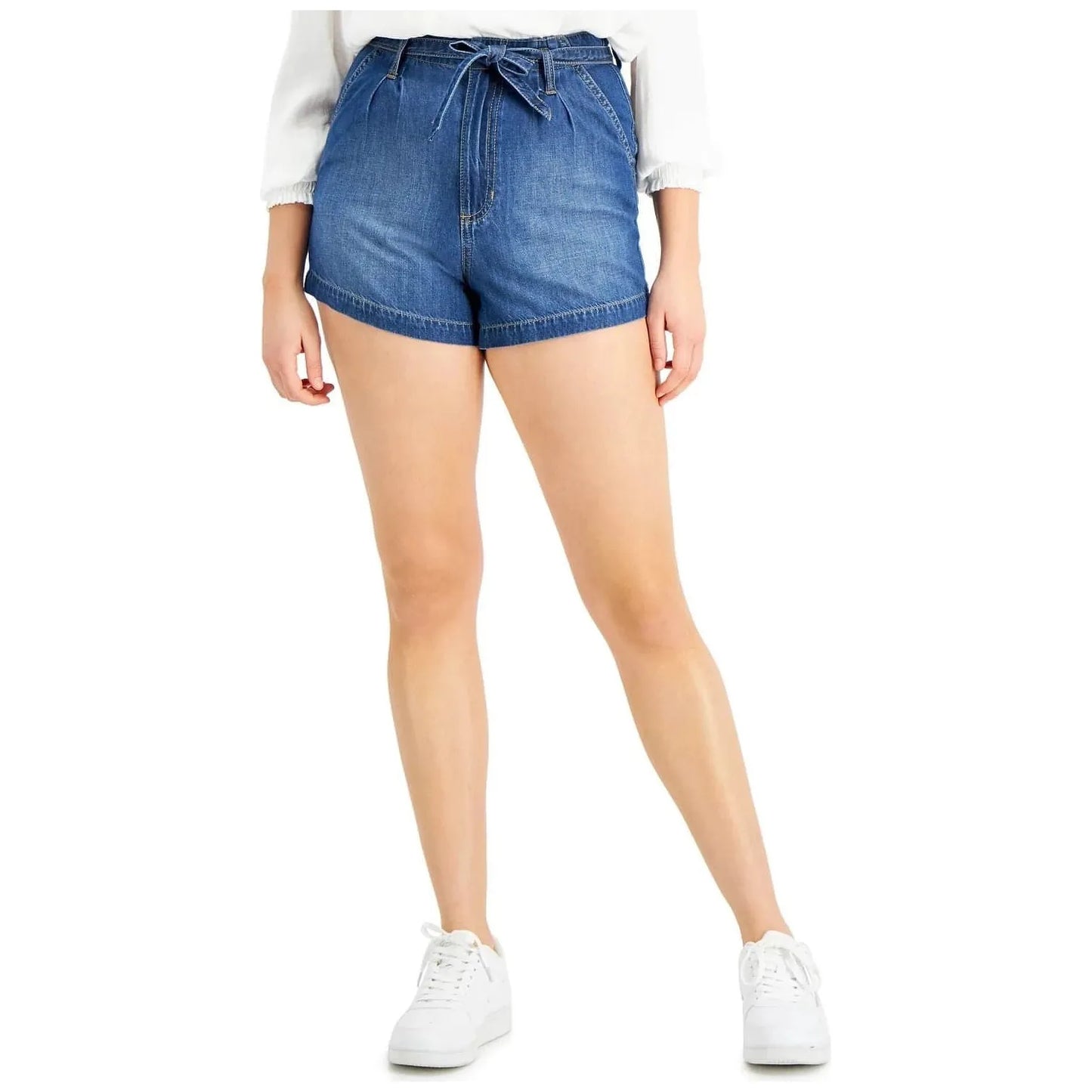 Celebrity Pink Juniors High-Rise Pleated Belted Jean Shorts, Blue, Size: 13 - Brandat Outlet