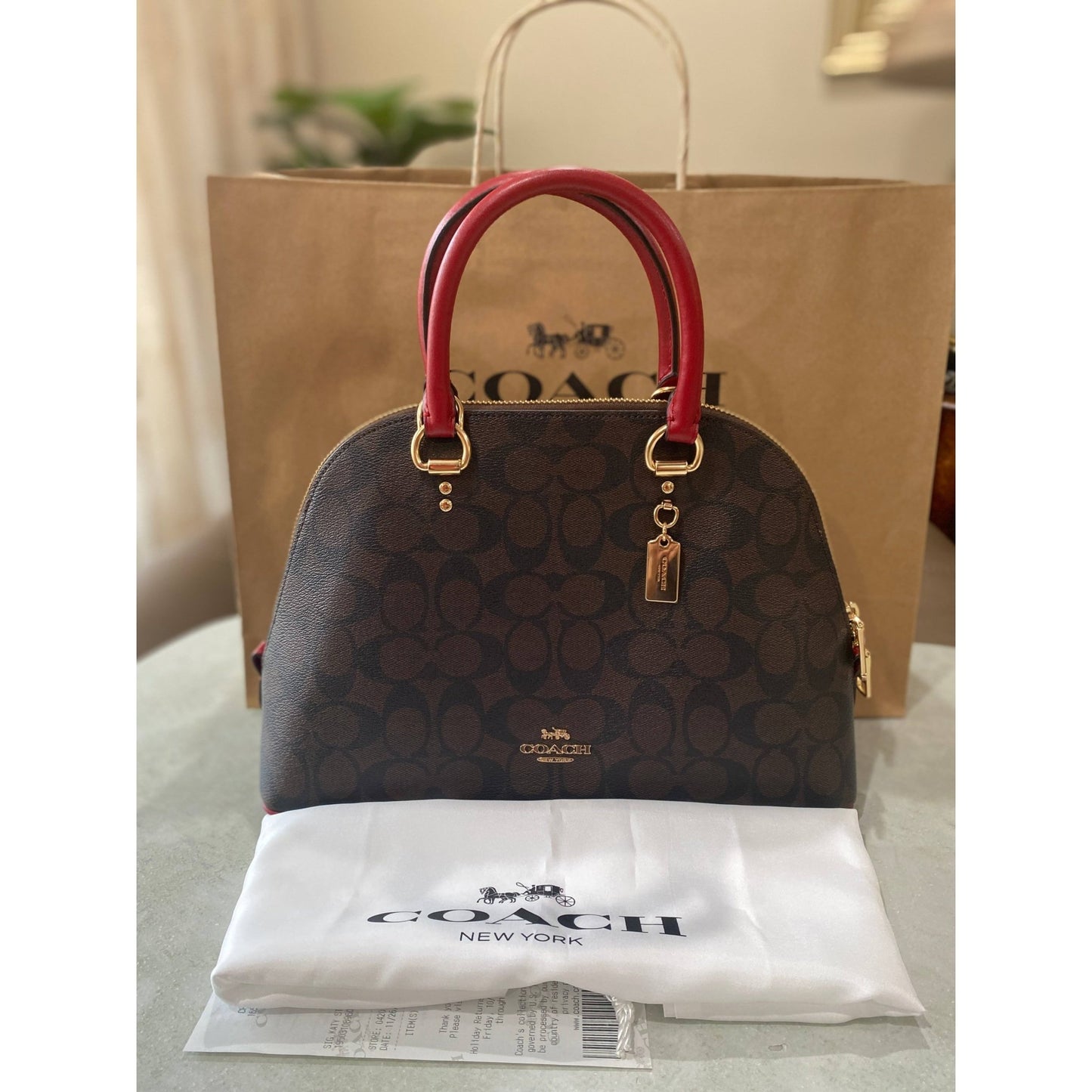 Coach Katy Satchel In Signature Canvas (Red/Brown) (2558)