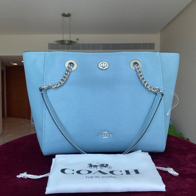 Coach-Coach NY 57107 Turlock Silver Chain Sage Blue Leather Shoulder Tote Bag - Brandat Outlet
