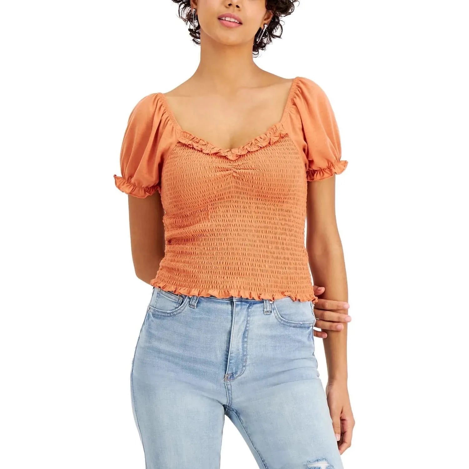 Crave Fame Juniors' Smocked Puff-Sleeve Top - Dusty Rusty (Size Large) - Brandat Outlet