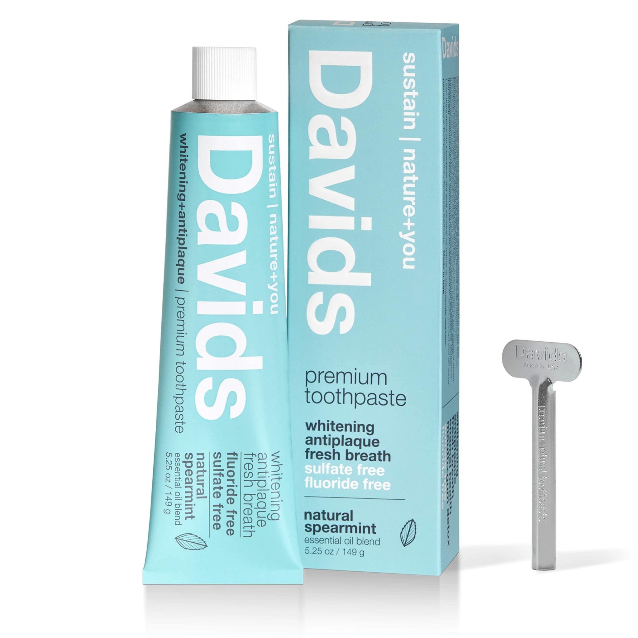 Davids Natural Whitening Toothpaste, Spearmint, Antiplaque, Fluoride Free, SLS Free, Metal Tube, Tube Roller Included, 5.25 OZ Value Size (Compare)