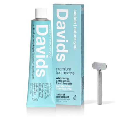 Davids Natural Whitening Toothpaste, Spearmint, Antiplaque, Fluoride Free, SLS Free, Metal Tube, Tube Roller Included, 5.25 OZ Value Size (Compare)
