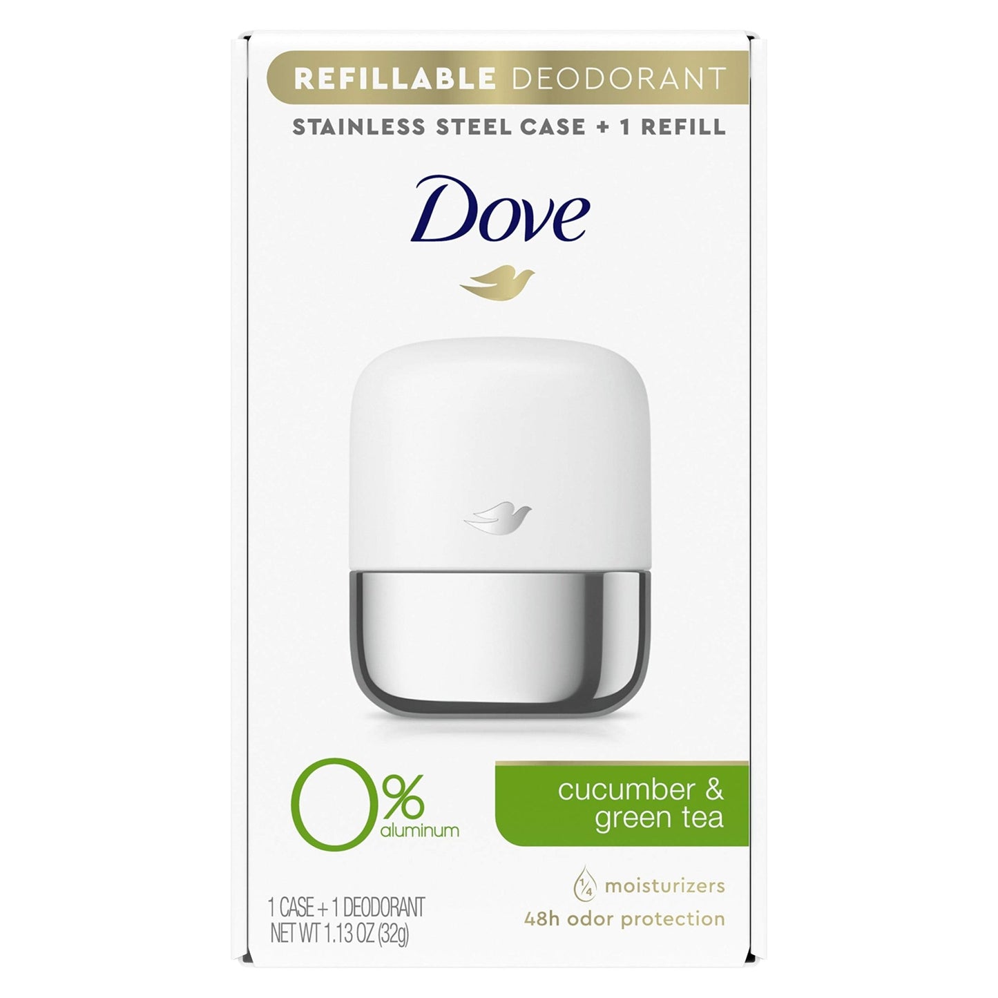Dove Refillable Deodorant Starter Kit 0% Aluminum Cucumber & Green Tea Aluminum Free Deodorant 1.13 oz