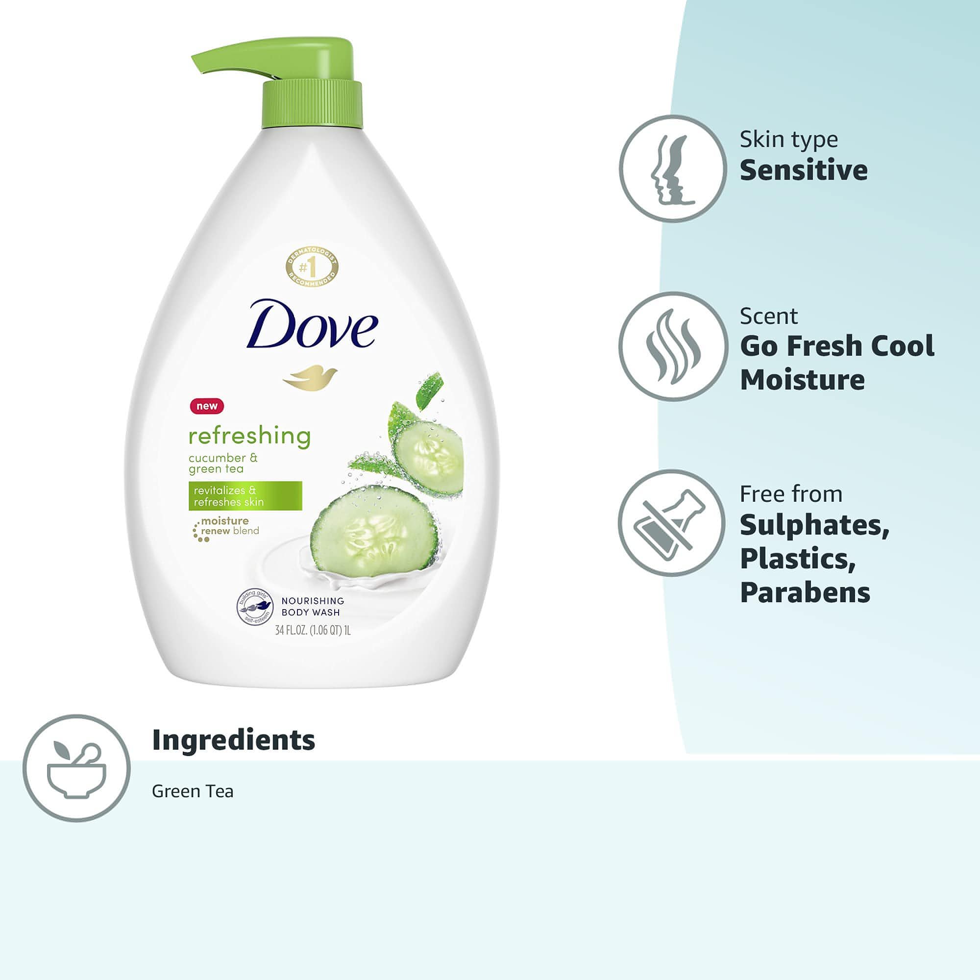 Dove Sulfate Free Body Wash with Pump Cucumber and Green Tea, 34 oz