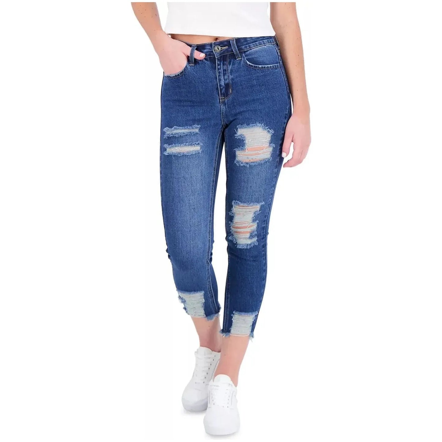 Gogo Jeans Juniors Ripped Cropped Skinny Jeans, Blue, Size: 11 - Brandat Outlet