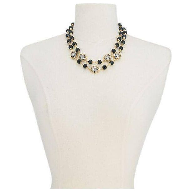 Gold-Tone Crystal Flower & Jet Imitation Pearl Double-Row Collar Necklace - Brandat Outlet, Women's Handbags Outlet ,Handbags Online Outlet | Brands Outlet | Brandat Outlet | Designer Handbags Online |