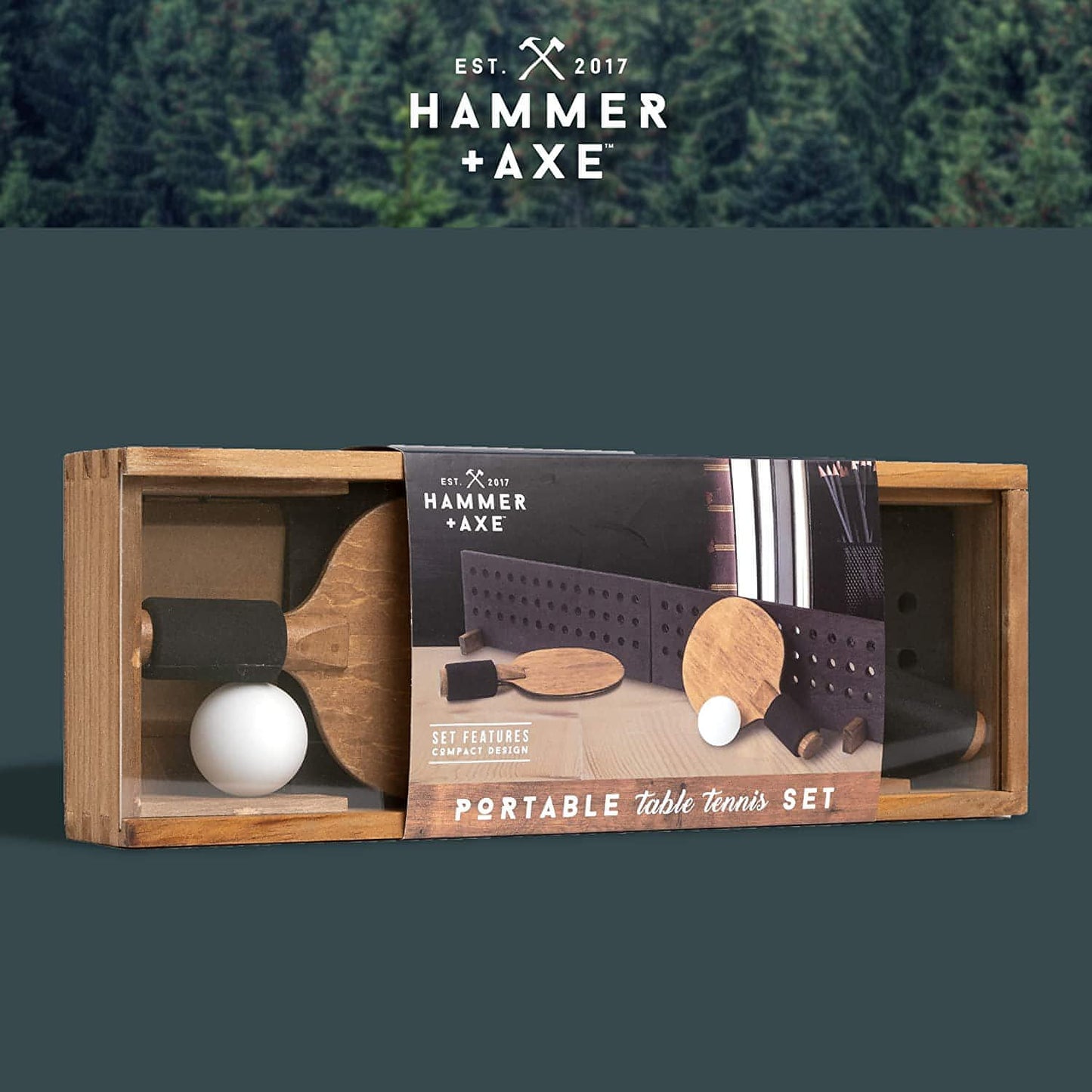 Hammer + Axe Portable Wooden Table Tennis Set, Compact Ping Pong Kit with Paddles, Wood Net and Ball, Play Tennis on Any Desk, Table or Counter, Includes Convenient Wood Box Case - Brandat Outlet