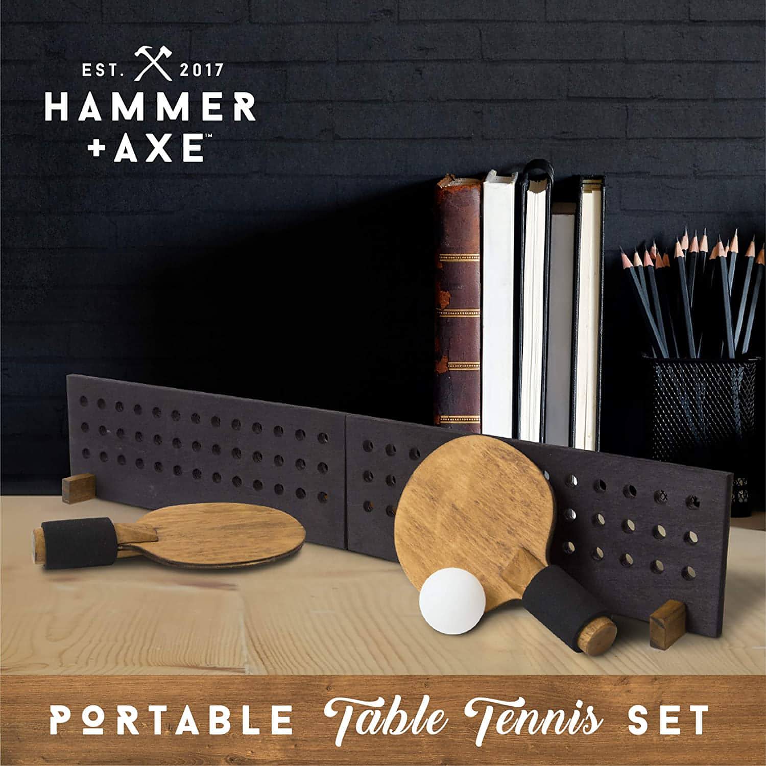 Hammer + Axe Portable Wooden Table Tennis Set, Compact Ping Pong Kit with Paddles, Wood Net and Ball, Play Tennis on Any Desk, Table or Counter, Includes Convenient Wood Box Case - Brandat Outlet