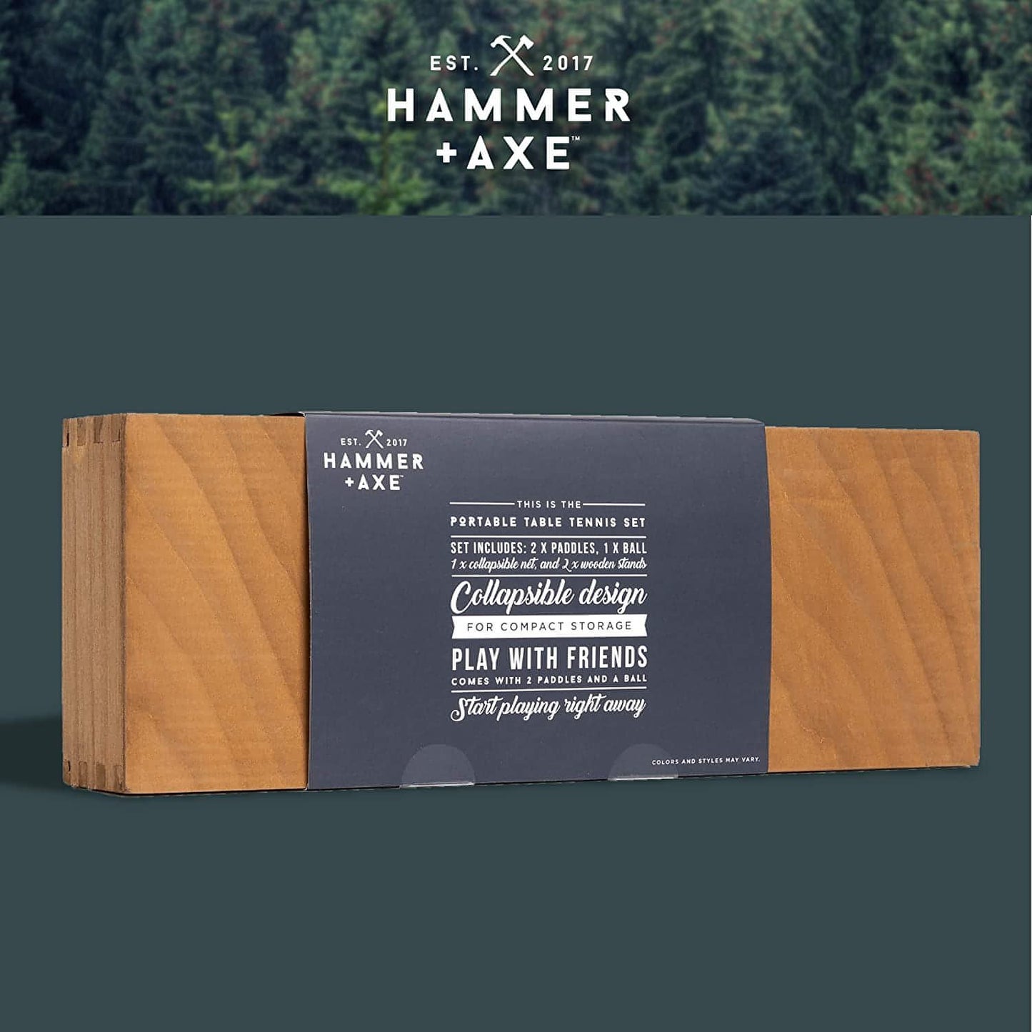 Hammer + Axe Portable Wooden Table Tennis Set, Compact Ping Pong Kit with Paddles, Wood Net and Ball, Play Tennis on Any Desk, Table or Counter, Includes Convenient Wood Box Case - Brandat Outlet