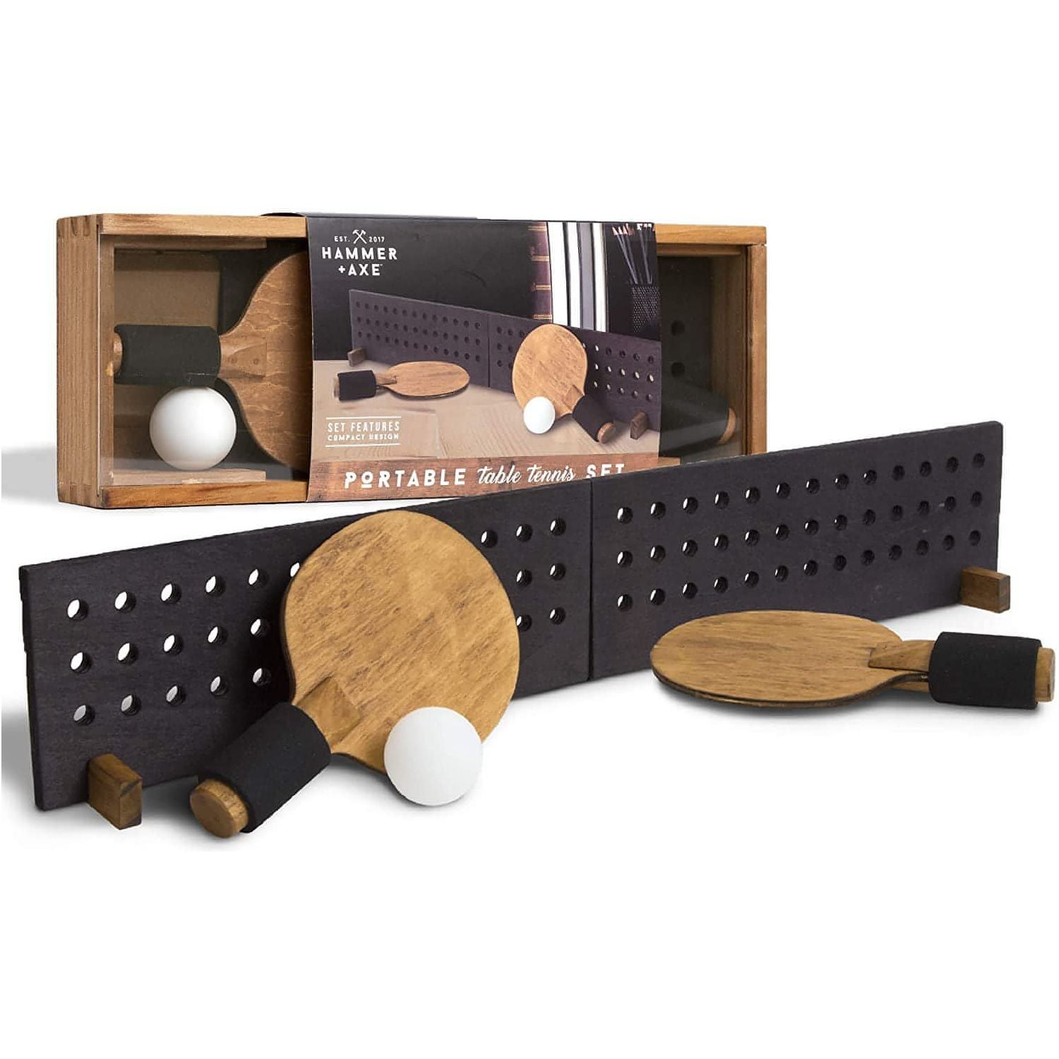 Hammer + Axe Portable Wooden Table Tennis Set, Compact Ping Pong Kit with Paddles, Wood Net and Ball, Play Tennis on Any Desk, Table or Counter, Includes Convenient Wood Box Case - Brandat Outlet