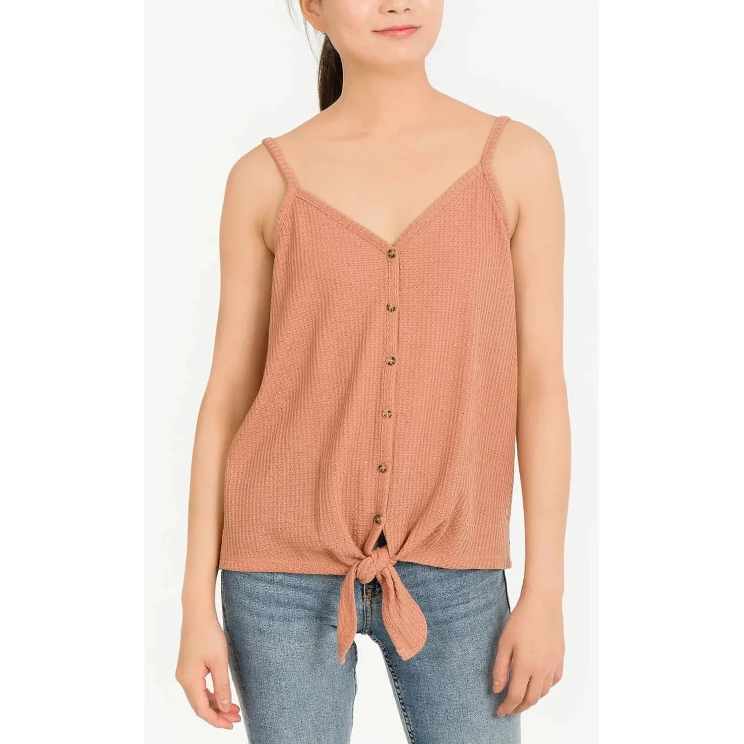 Hippie Rose Juniors' Tie-Front Waffle-Knit Tank Top - Spring Copper (Size X-Large) - Brandat Outlet