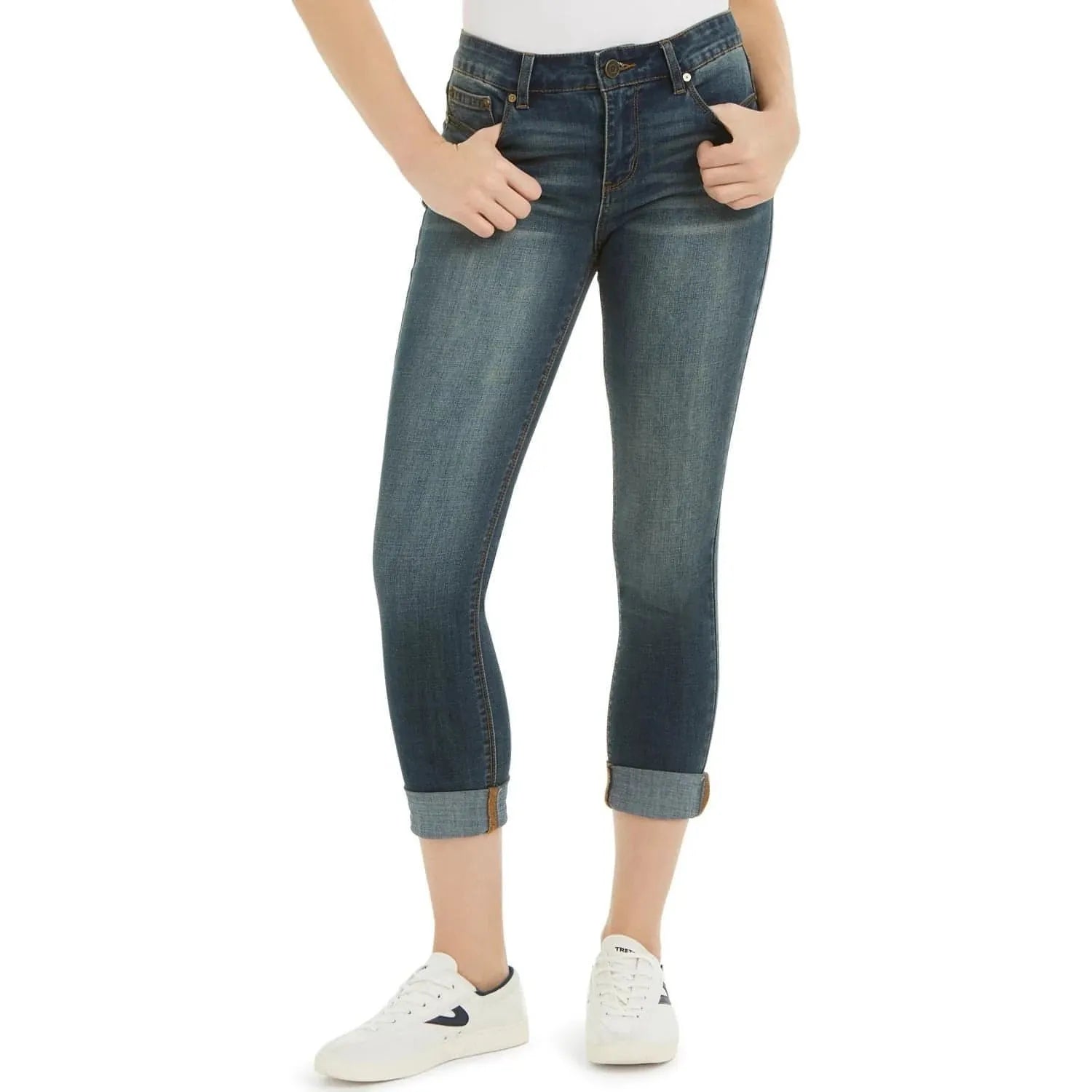 Indigo Rein Juniors' Cuffed Cropped Skinny Jeans - Med Blue (Size 0) - Brandat Outlet