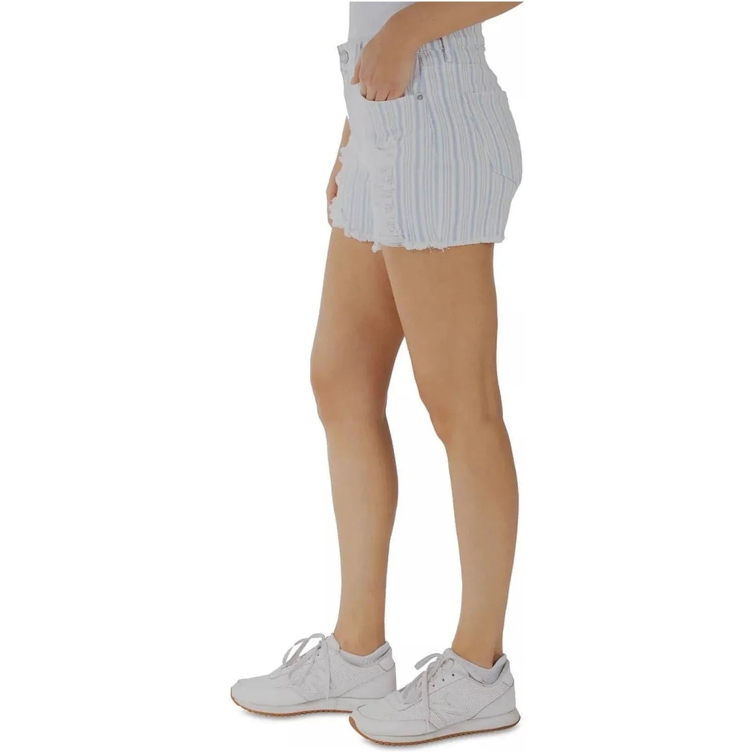 Indigo Rein Juniors Striped High-Rise Distressed Frayed-Hem Shorts, White, Size: 1 - Brandat Outlet
