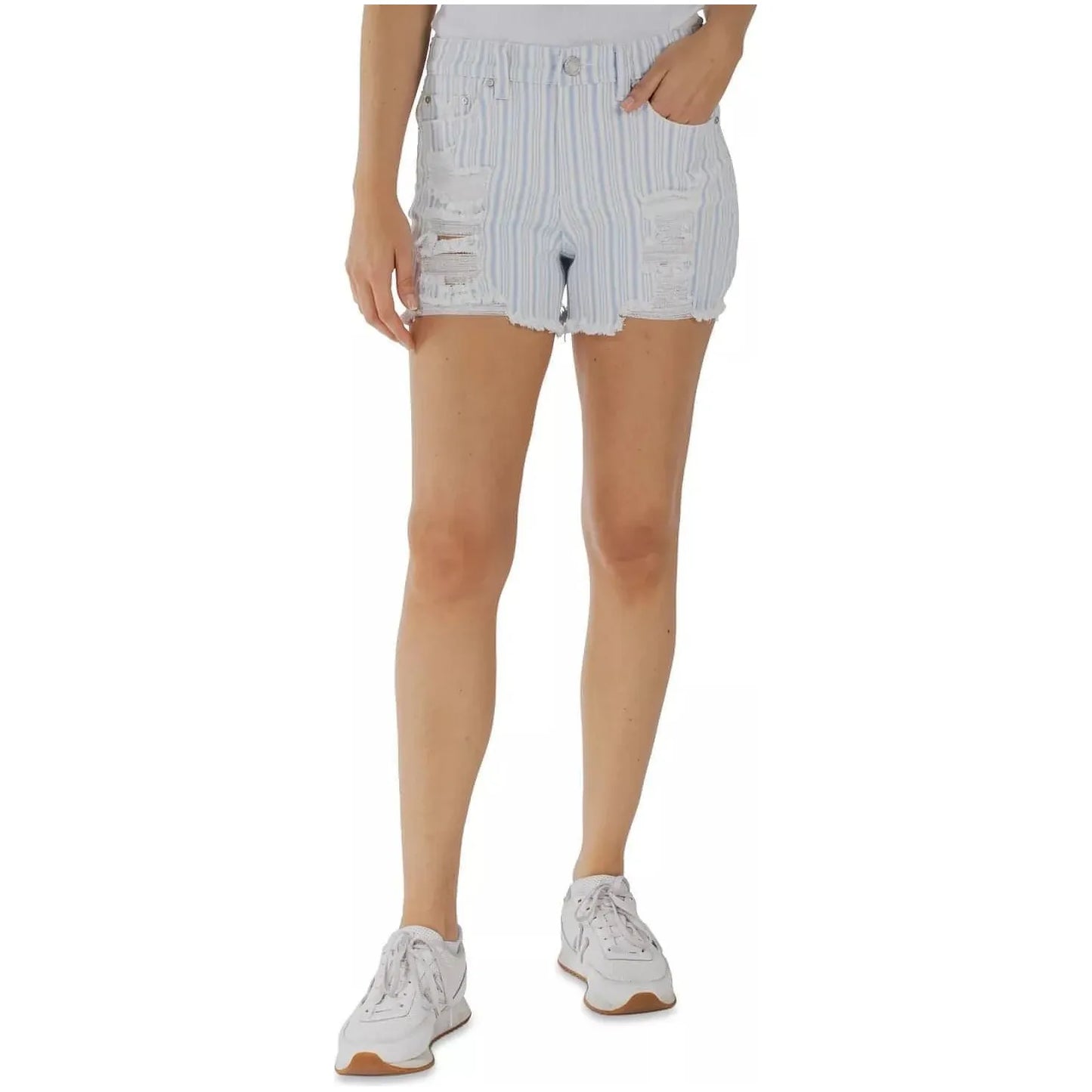 Indigo Rein Juniors Striped High-Rise Distressed Frayed-Hem Shorts, White, Size: 1 - Brandat Outlet