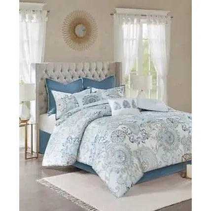 JLA Home Madison Park Isla King 8 Piece Cotton Printed Reversible Comforter Set (Blue) - Brandat Outlet