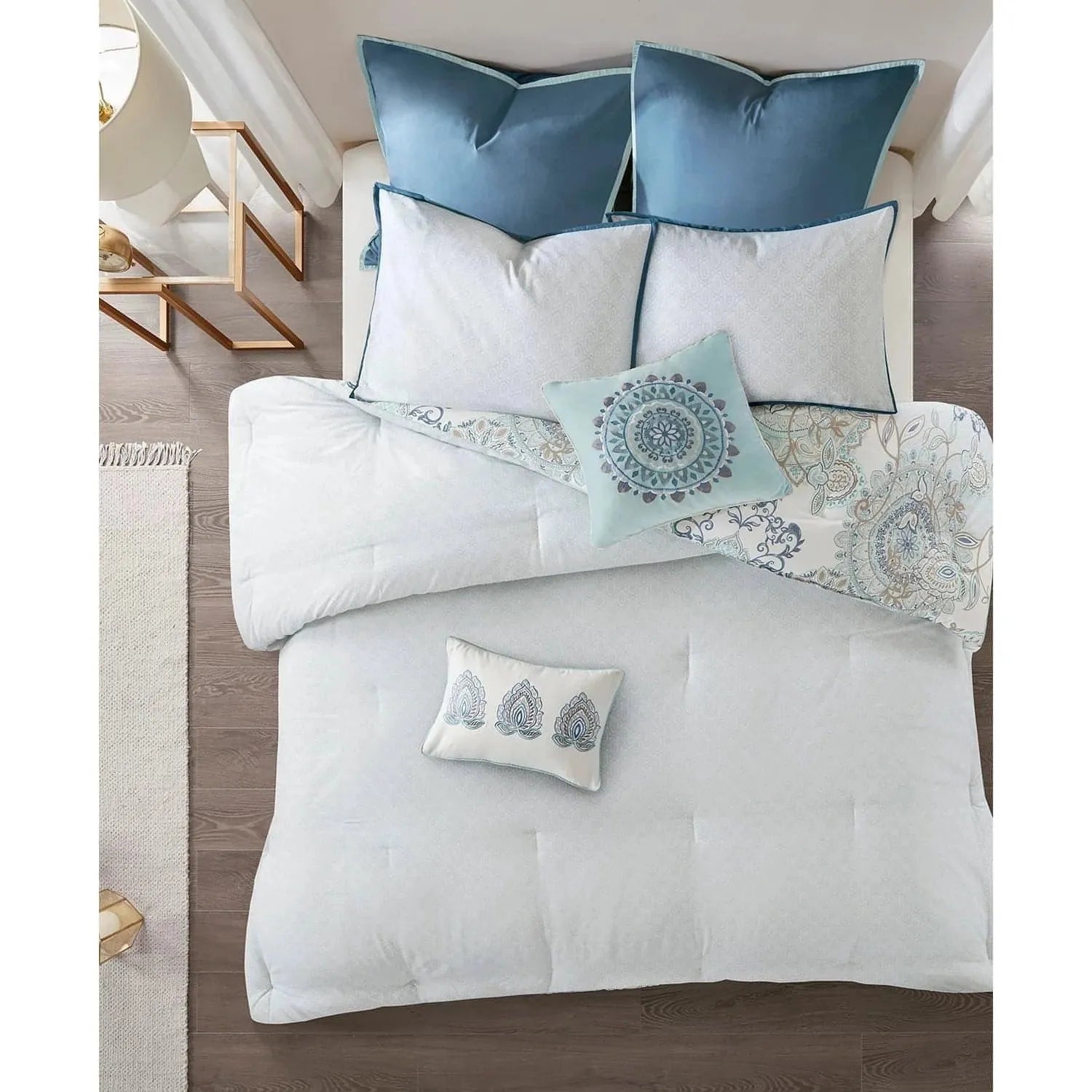 JLA Home Madison Park Isla King 8 Piece Cotton Printed Reversible Comforter Set (Blue) - Brandat Outlet