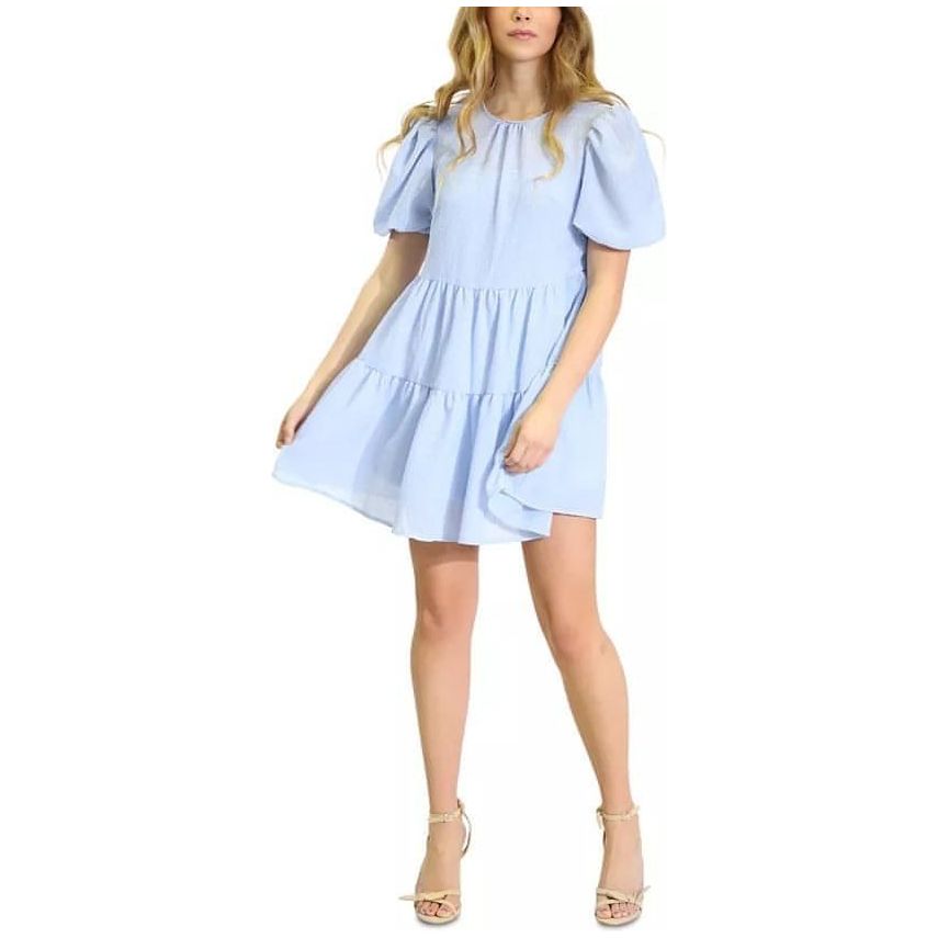 Kit & Sky Puff-Sleeve Ruffle-Hem Babydoll Dress - Light Blue (Size Medium) - Brandat Outlet
