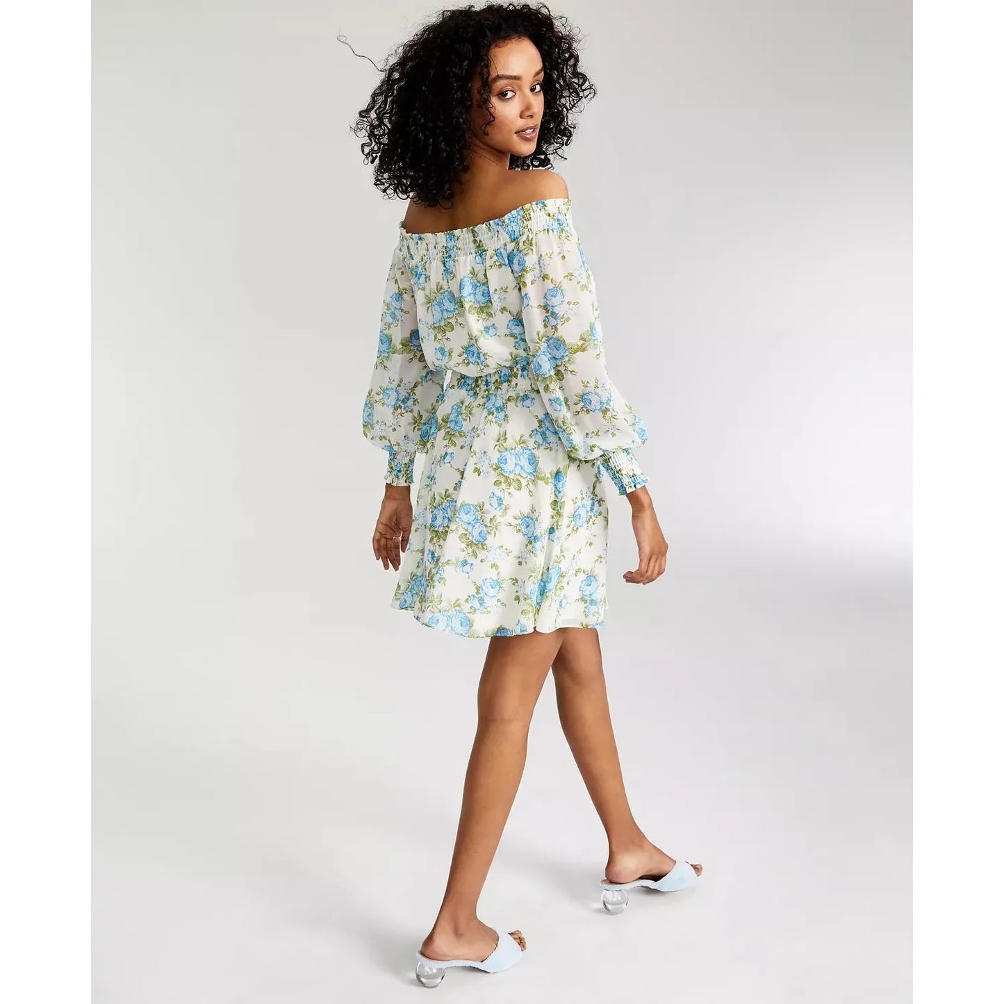 LEYDEN Floral-Print Off-The-Shoulder Dress, Blue, Size: XS