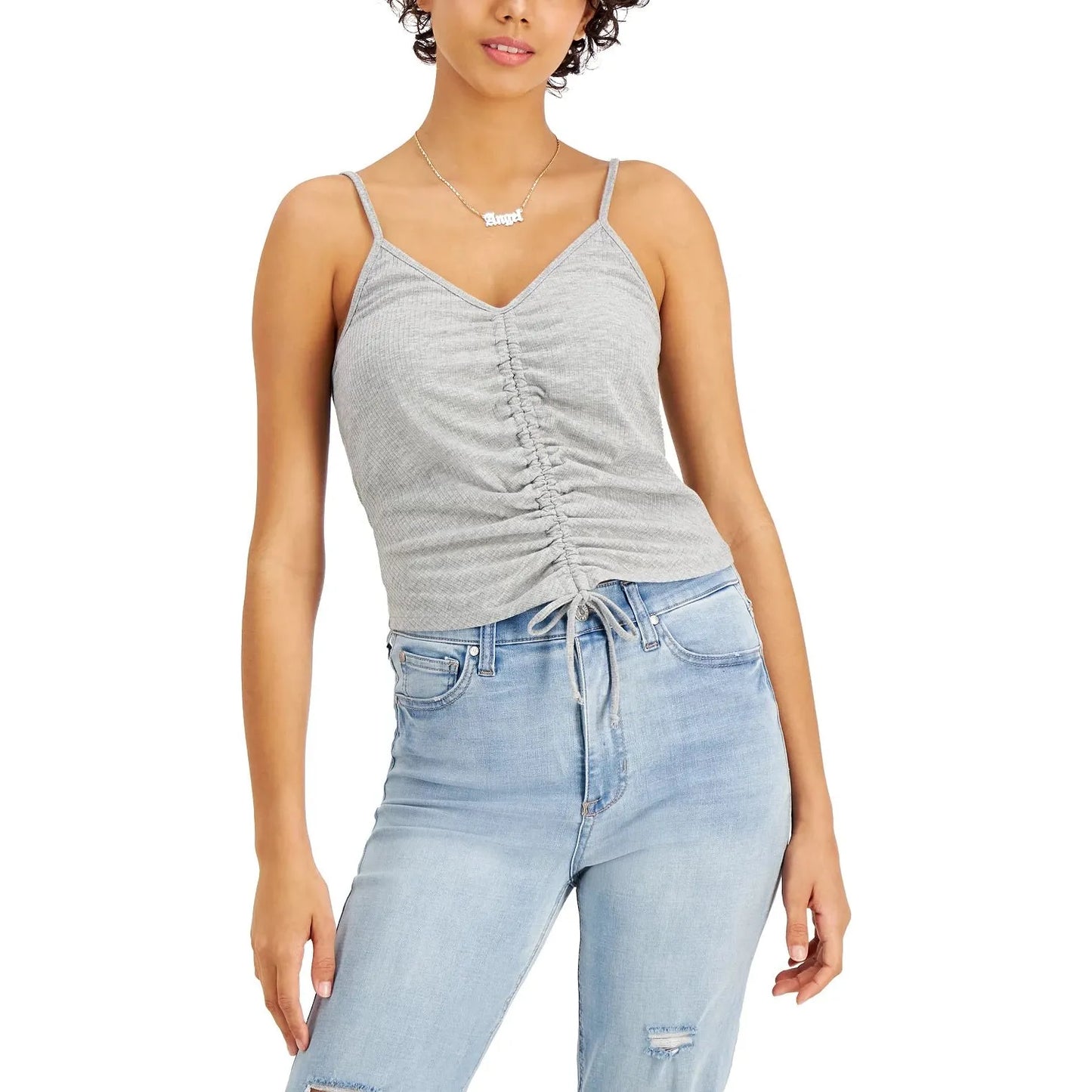 Love, Fire Juniors Ruched-Front Tank Top, Gray
