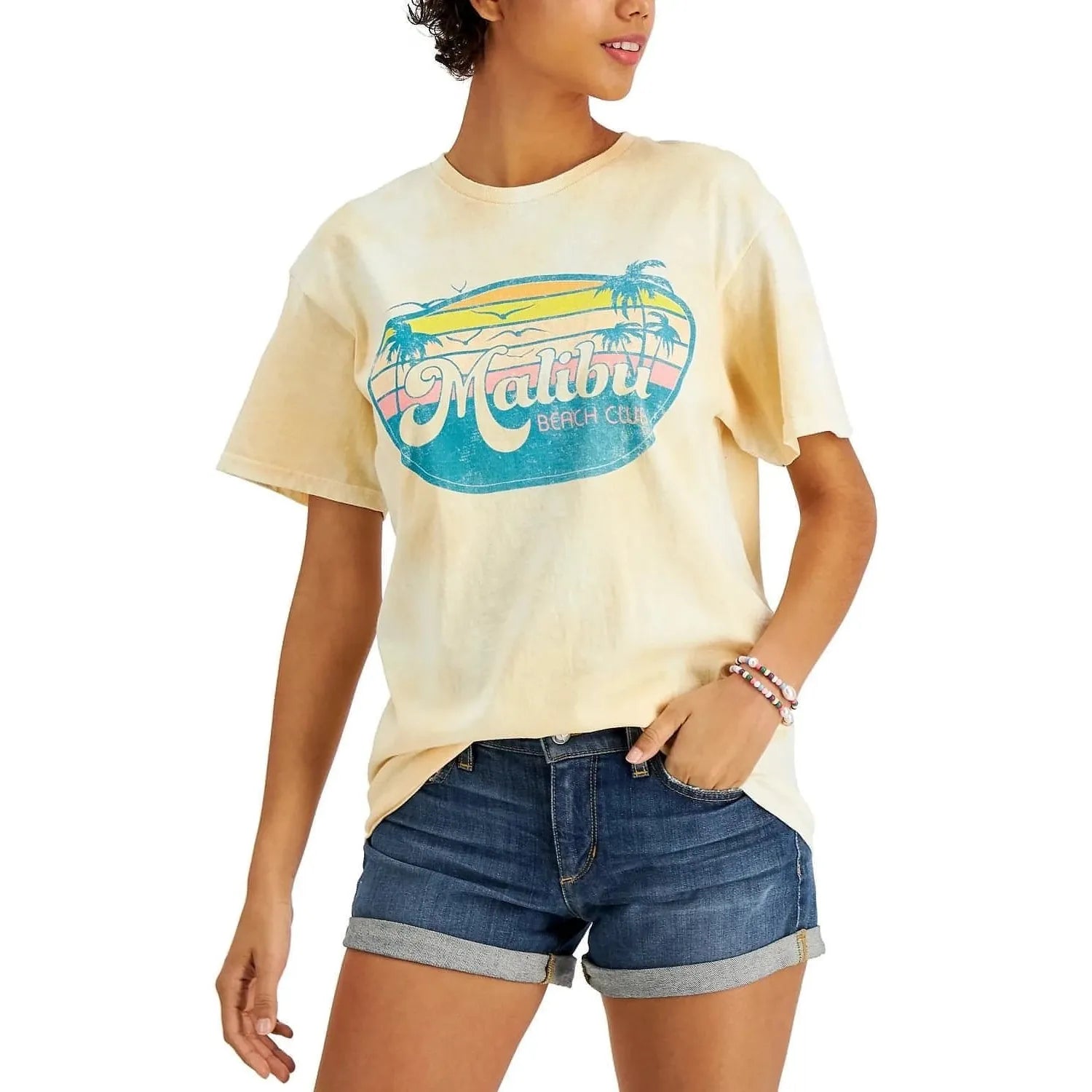 Love Tribe Juniors' Cotton Malibu-Graphic T-Shirt - Honey Gold/White (Size Large) - Brandat Outlet