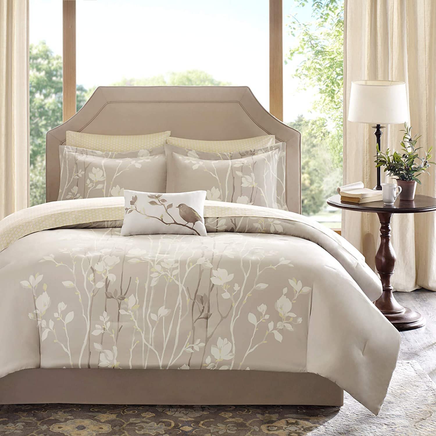 Madison Park Essentials Cozy Bed In A Bag Comforter with Complete Cotton Sheet Set - Trendy Floral Design, All Season Cover, Decorative Pillow, Vaughn, Taupe Queen(90"x90") 9 Piece - Brandat Outlet