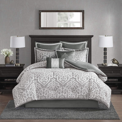 Madison Park-Madison Park Odette Cozy Comforter Set Jacquard Damask Medallion Design - Modern All Season, Down Alternative Bedding, Shams, Decorative Pillows, King(104 in x 92 in), Silver 8 Piece - Brandat Outlet