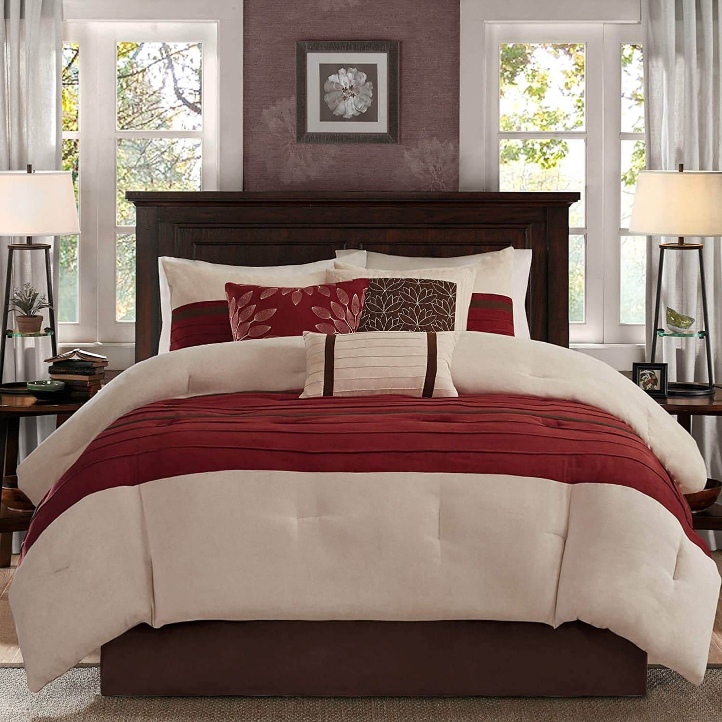 Madison Park - Palmer 7 Piece Comforter Set - Red - Queen - Pieced Microsuede - Includes 1 Comforter, 3 Decorative Pillows, 1 Bed Skirt, 2 Shams - Brandat Outlet