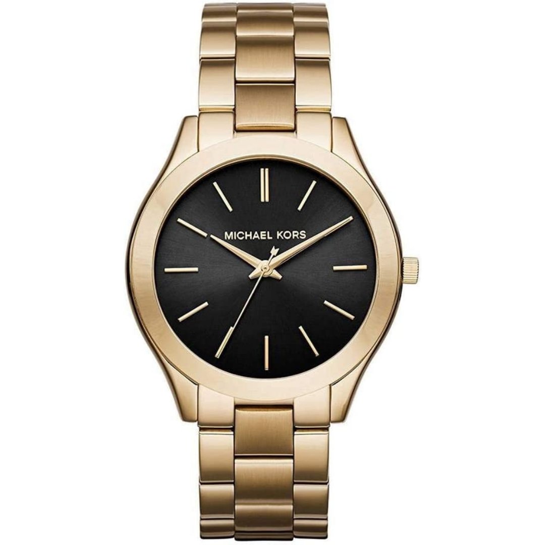 Michael Kors Watch Unisex- Slim Runway Gold Tone Black Dial 44mm (MK3478)