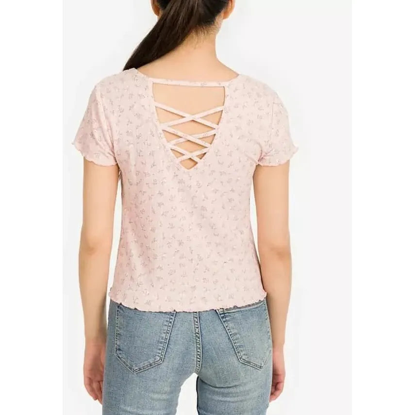 Pink Rose Juniors' Printed Crisscross-Back T-Shirt - Shell Pink Ditsy (Size Large) - Brandat Outlet