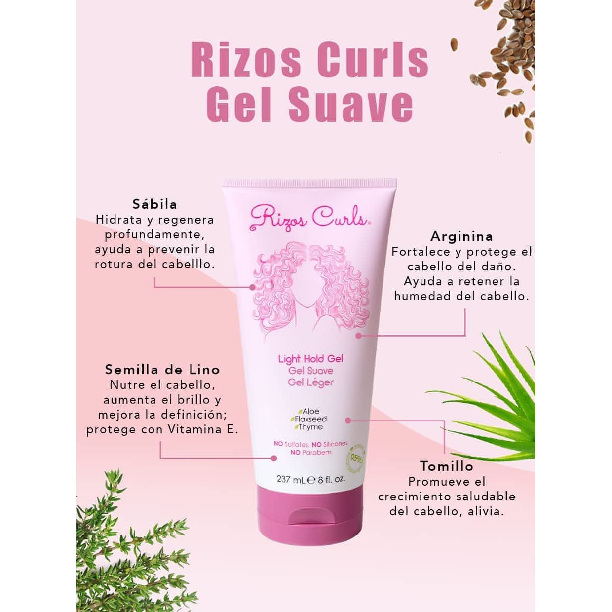 Rizos Curls Light Hold Styling Gel For Curly & Wavy Hair, Silicone-Free (8oz)