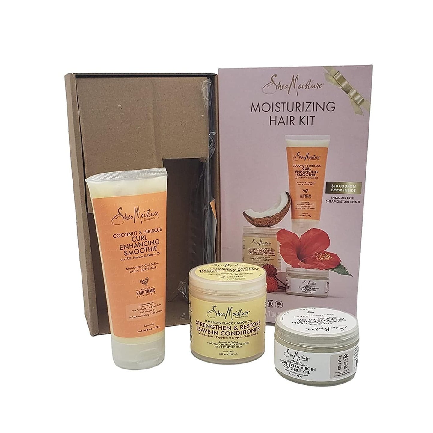 Shea Moisture Moisturizing Hair Kit: Leave-In Conditioner 6 oz, Head-to-Toe Nourishing Hydration 100% Extra Virgin Coconut Oil 3.2 fl oz, Coconut &Hibiscus Curl Enhancing Smoothie 6 oz