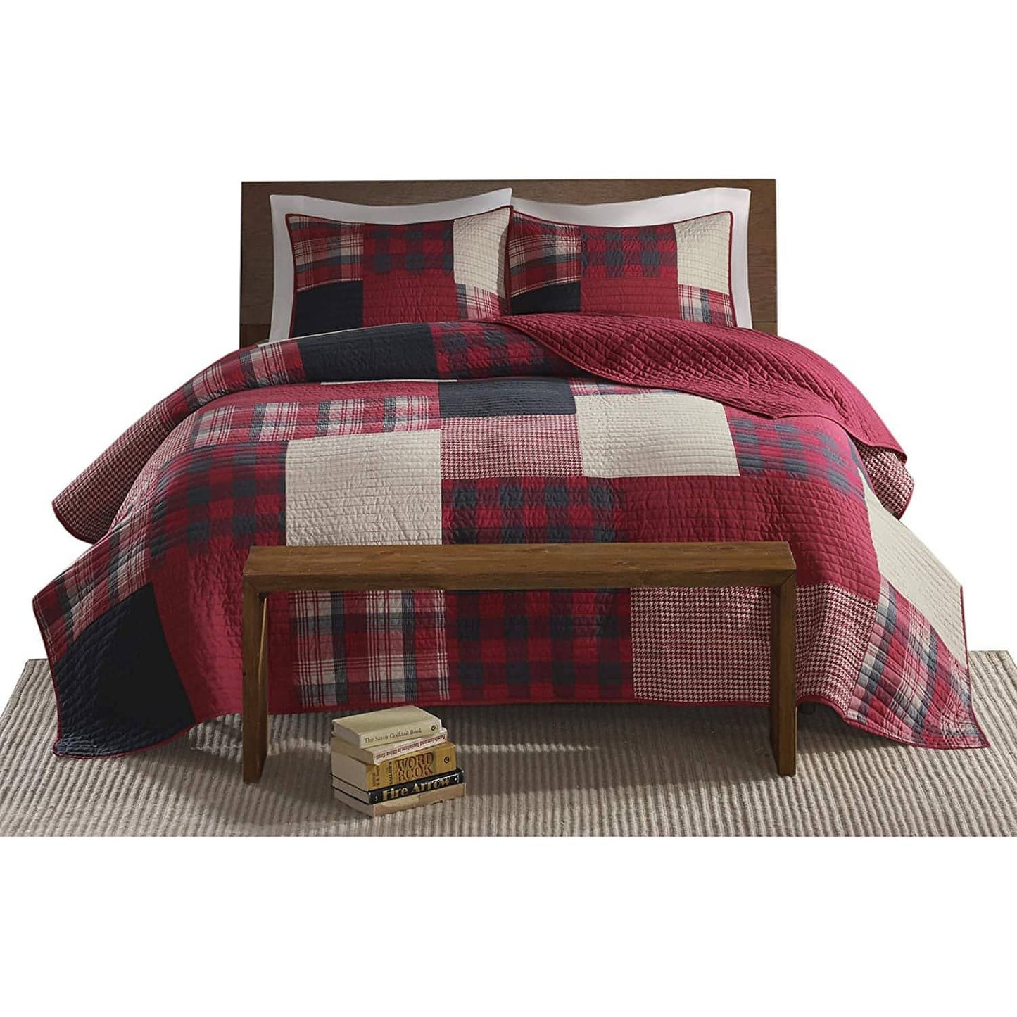 Woolrich-Woolrich 100% Cotton Quilt Reversible Cabin Lifestyle Design All Season, Breathable Coverlet Bedspread Bedding Set, Matching Shams, King/Cal King(110"x96"), Plaid Red, 3 Piece - Brandat Outlet